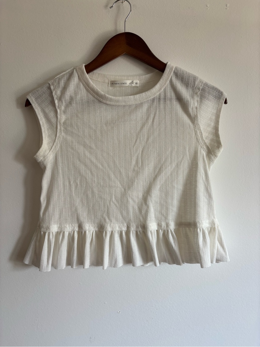 Altar'd State Cream Ribbed Ruffle Crop Top
